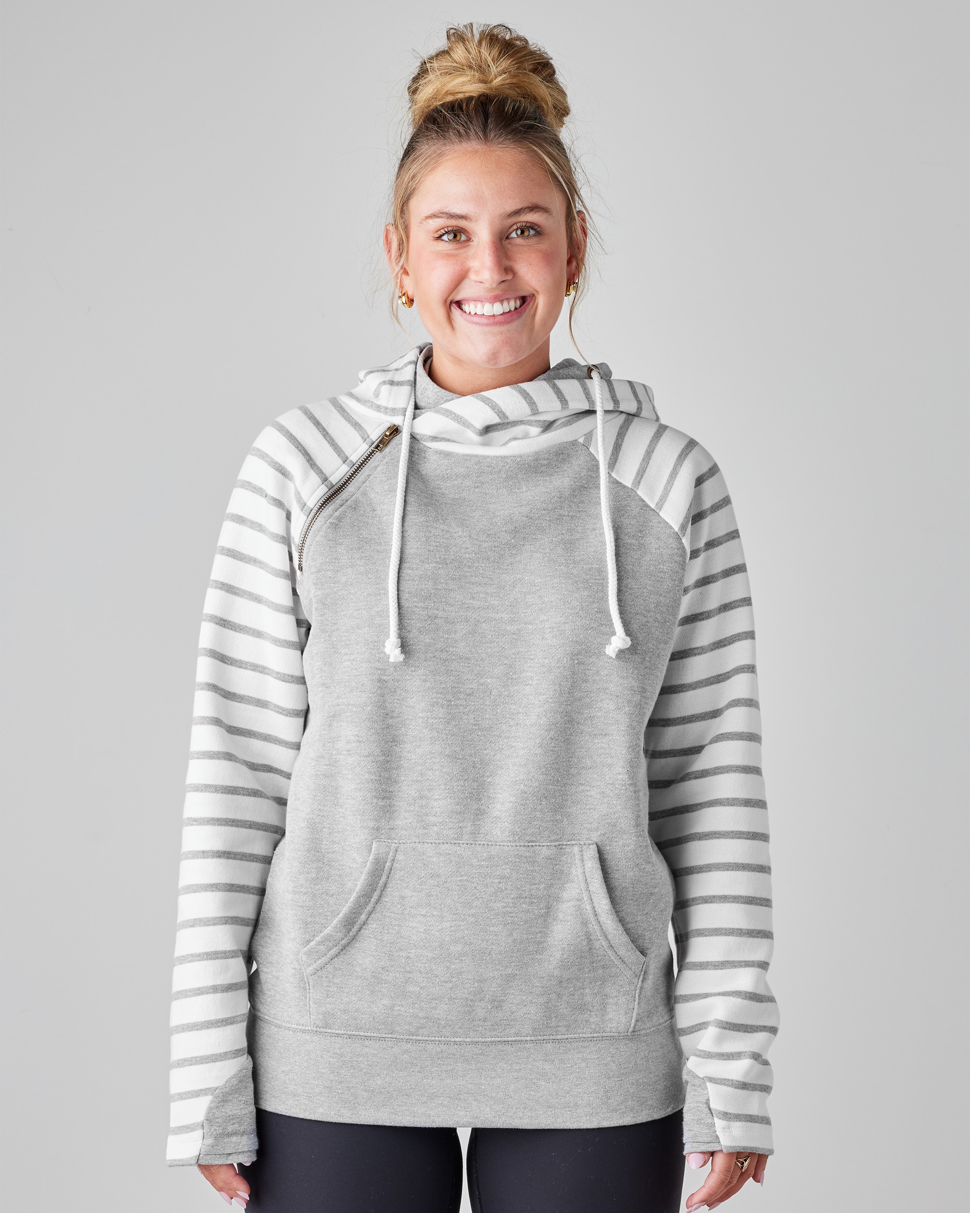 Enza® 38379 Ladies Stripe Double Hood Pullover, shown in Athletic Heather/Athletic Heather/White Stripe